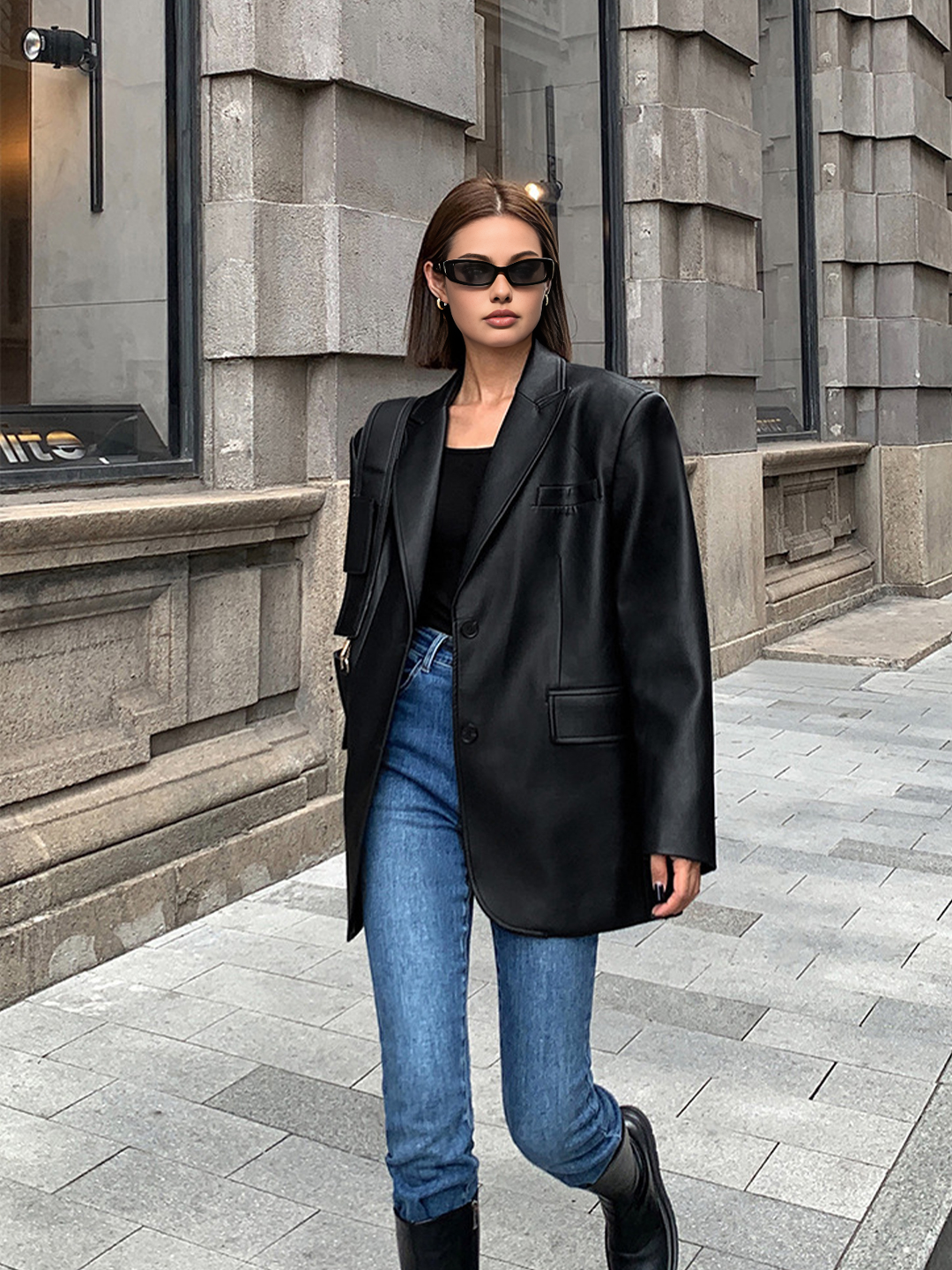 Женски Oversized Блейзър от Изкуствена Кожа с Лапели