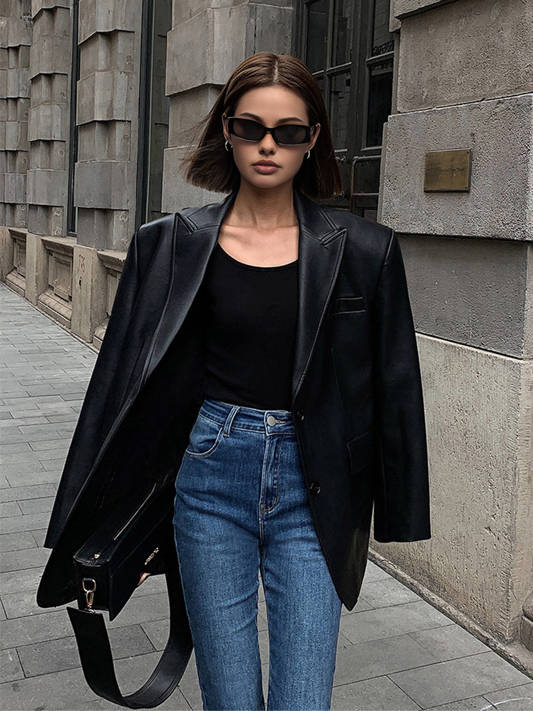 Женски Oversized Блейзър от Изкуствена Кожа с Лапели