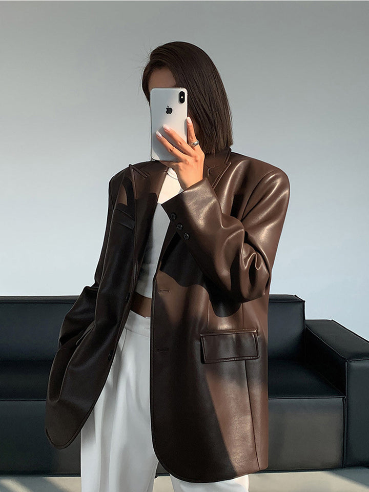 Женски Oversized Блейзър от Изкуствена Кожа с Лапели
