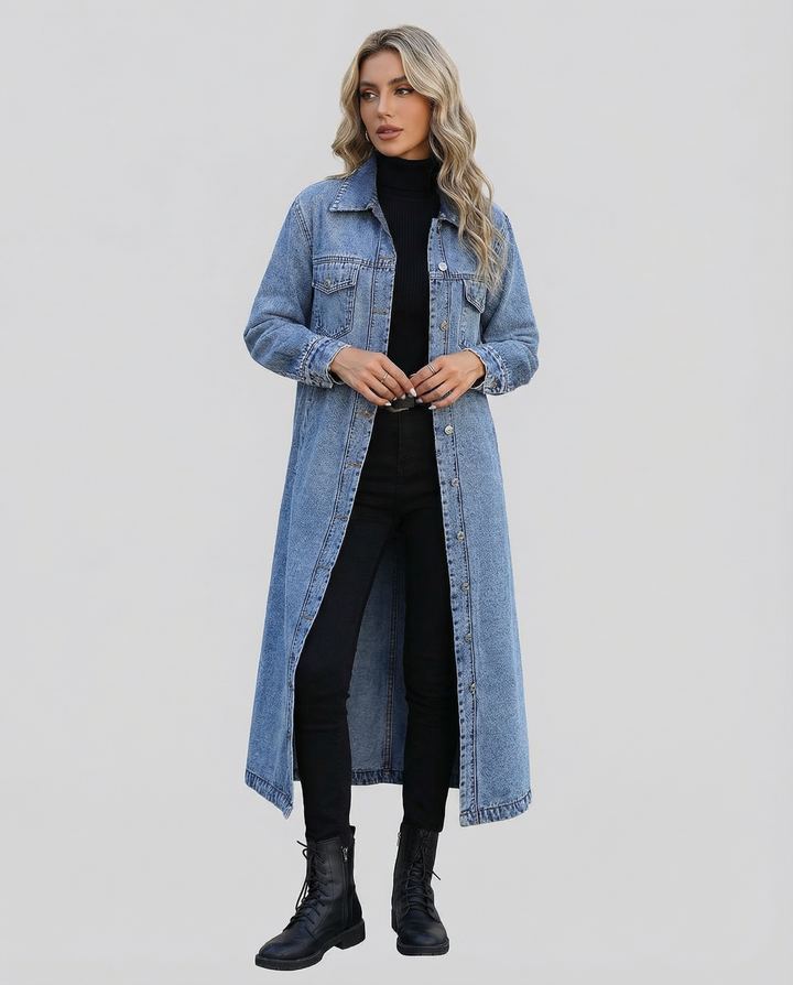 Дълго дънково палто за жени с oversized кройка, предни копчета и класически яка