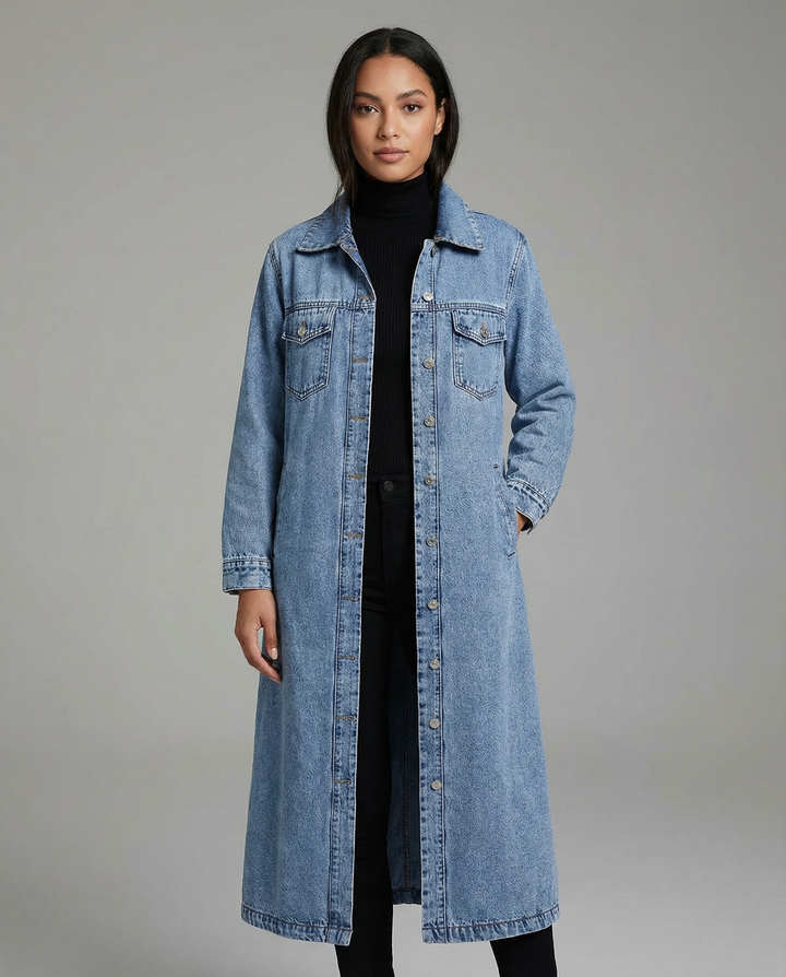 Дълго дънково палто за жени с oversized кройка, предни копчета и класически яка