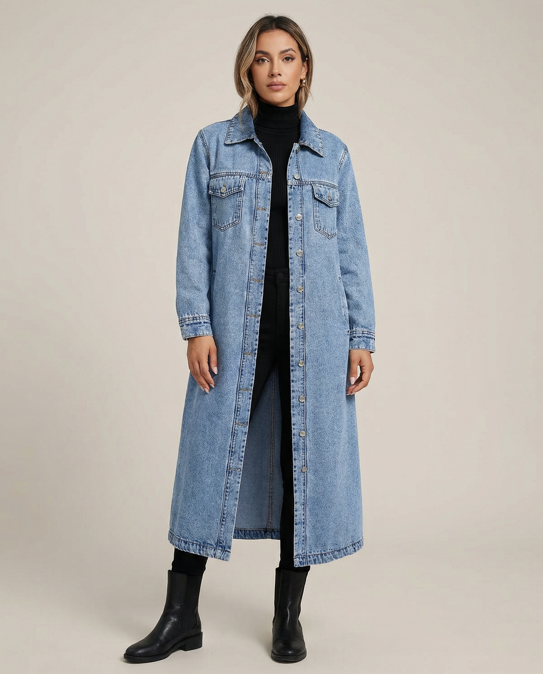 Дълго дънково палто за жени с oversized кройка, предни копчета и класически яка