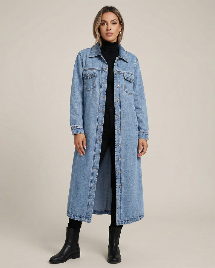 Дълго дънково палто за жени с oversized кройка, предни копчета и класически яка