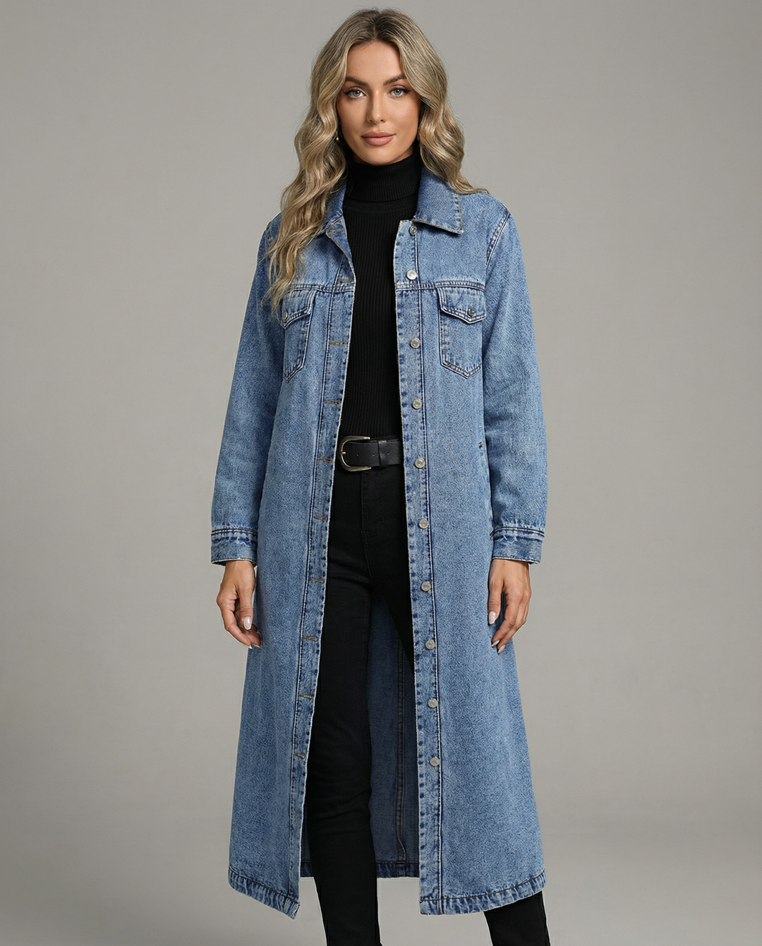 Дълго дънково палто за жени с oversized кройка, предни копчета и класически яка