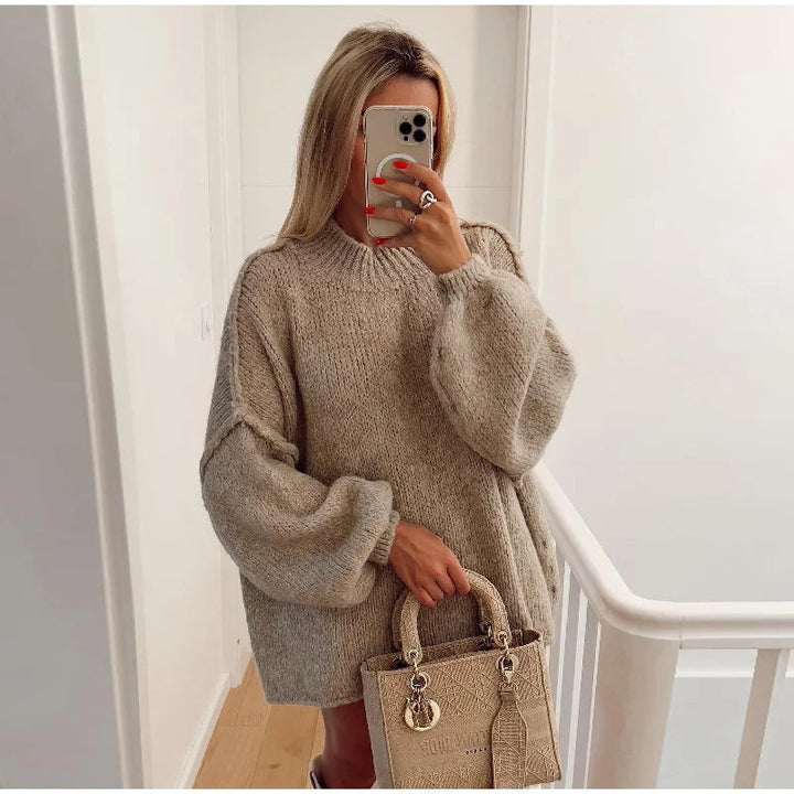 Женски уютен oversized плетен пуловер