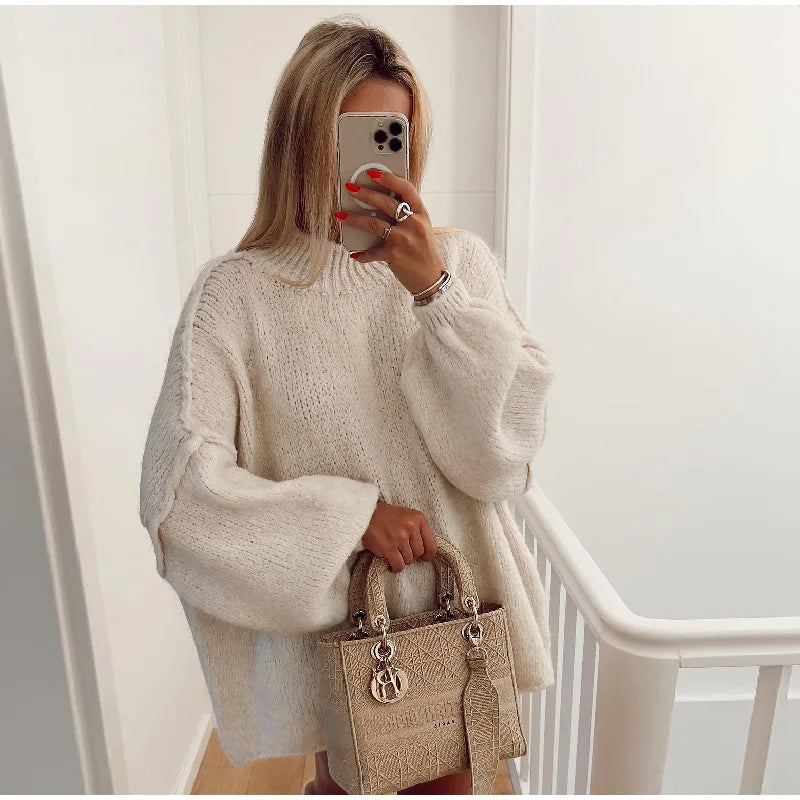 Женски уютен oversized плетен пуловер