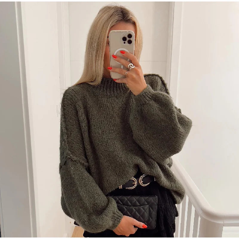 Женски уютен oversized плетен пуловер