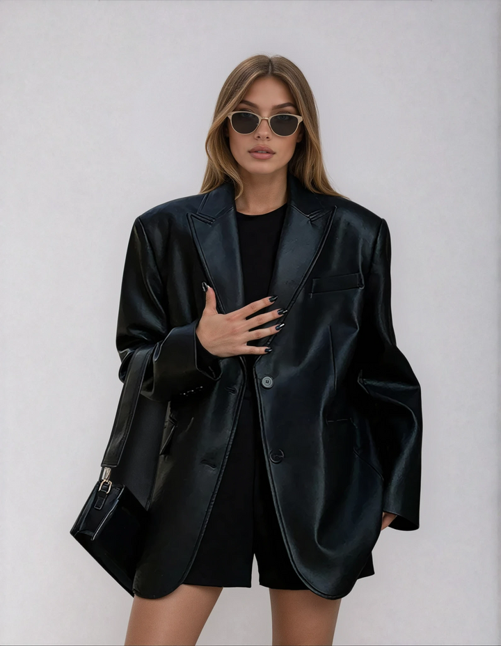Женски Oversized Блейзър от Изкуствена Кожа с Лапели